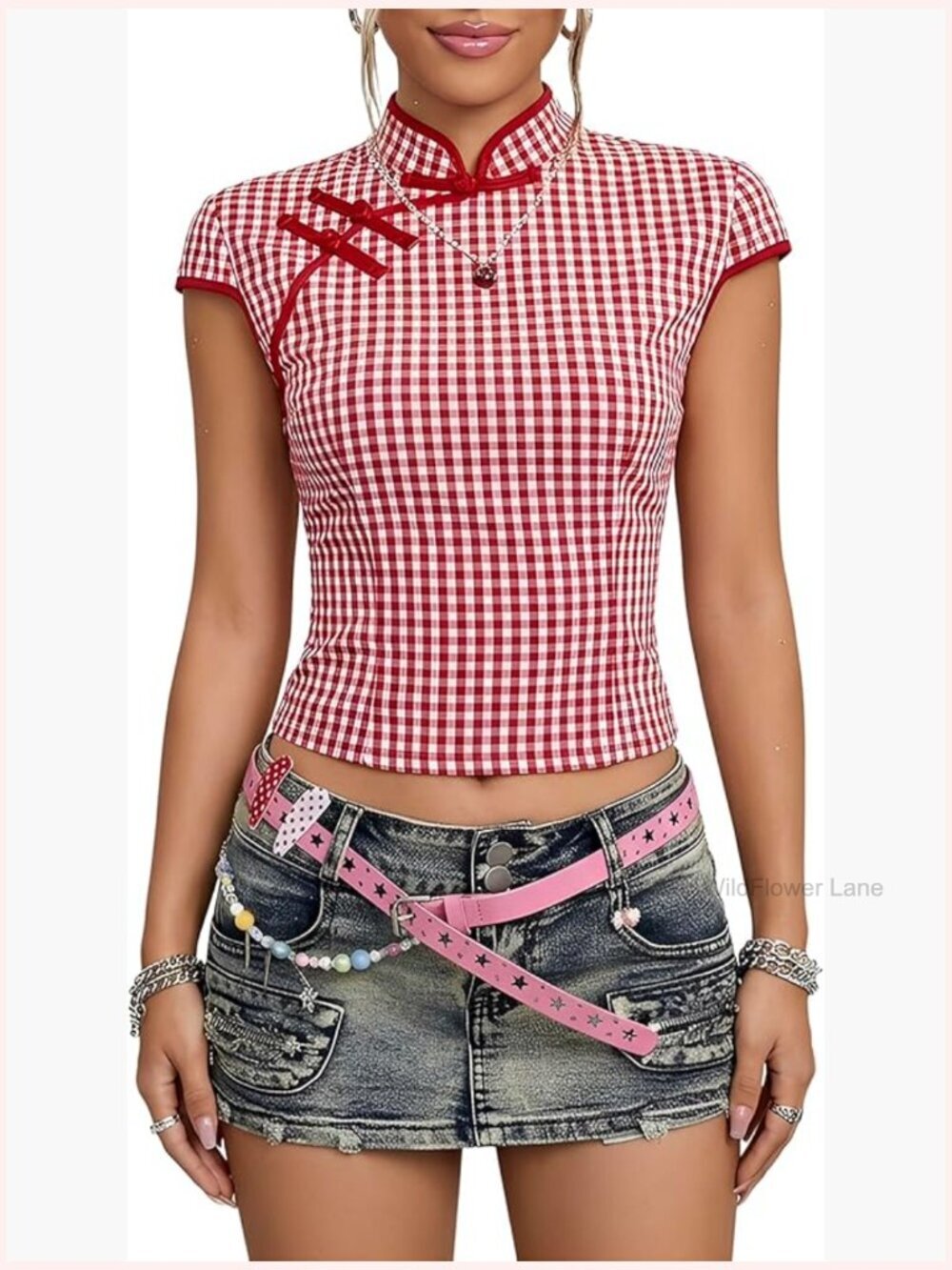 Crop Top Blouse, Cap Sleeve Mock Neck, Gingham Plaid, Y2K Dinner Date Top